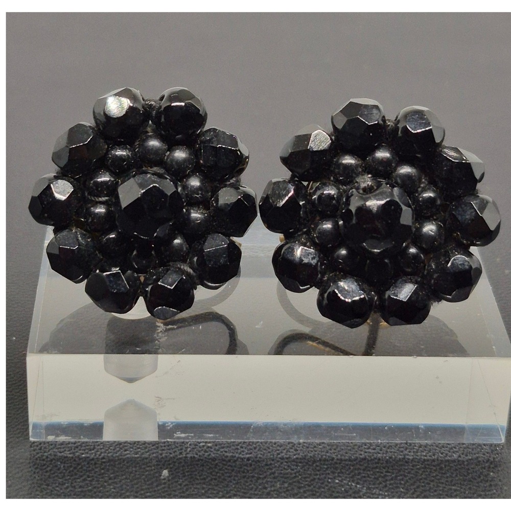 Vintage West Germany Earrings Black Acrylic Bead Cluster Screw Back Floral 50's